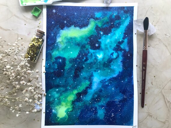 9x12 Blue Dust Nebula Watercolor Galaxy Painting Wall Art Room Decor Space Painting Celestial