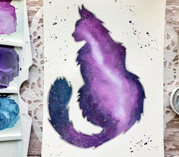 7x5 Original Purple Galaxy Cat Watercolor Painting With Hand Painted Metallic Outline Wall Art Room Decor