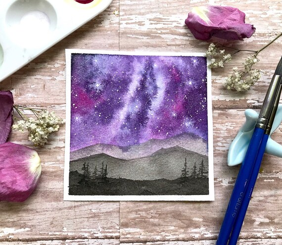 4x4 Original Mini Purple Galaxy Watercolor Painting Room Decor Wall Art