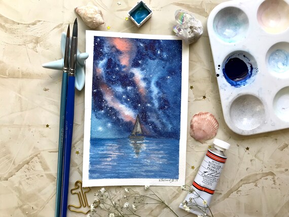 6x4 Original Boater S Paradise Watercolor Galaxy Painting Wall Art Room Decor Art