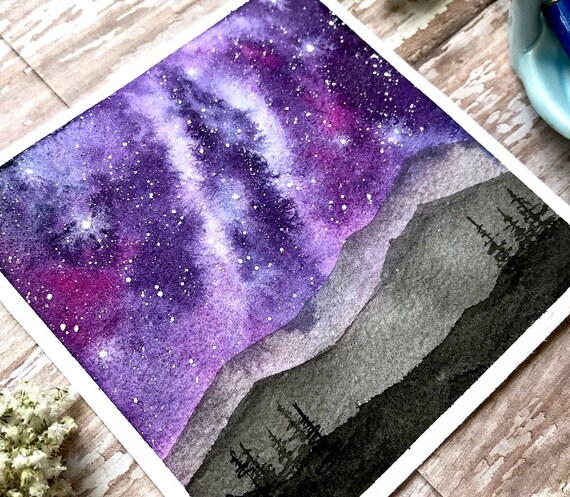 4x4 Original Mini Purple Galaxy Watercolor Painting Room Decor Wall Art