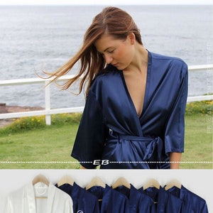 Navy satin robes, custom robe, monogram wedding gift , bachelorette party gifts, bridal party gifts, satin robes blank, bride, plus size image 1