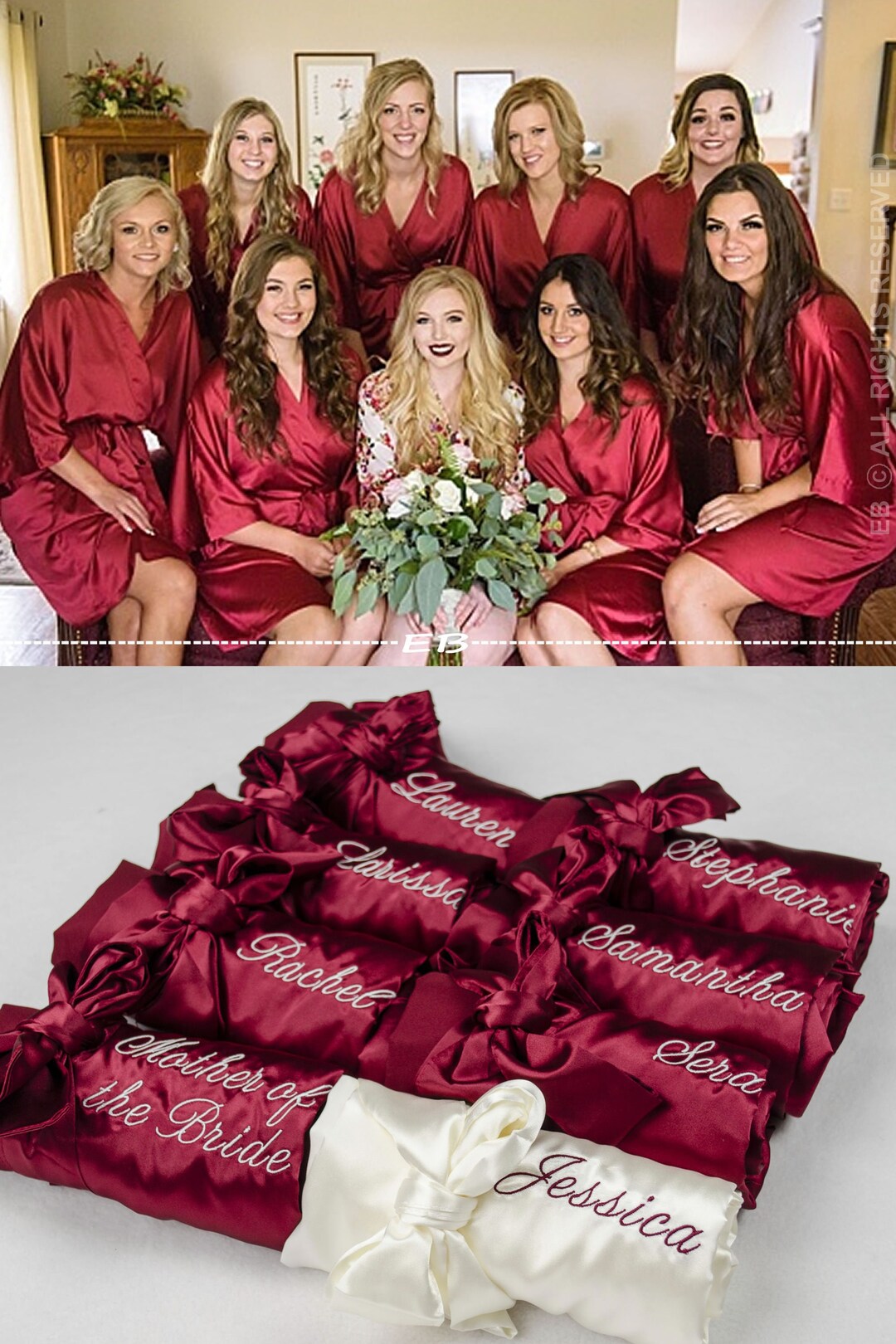 Set of 8 Bridesmaid Robes, Burgundy Solid Satin Robes, Party Robes