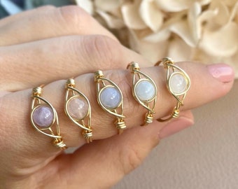 Handmade Wire Wrapped Crystal Rings, Dainty Boho Rings, Gift for Her, 6mm Natural Gemstone Beads