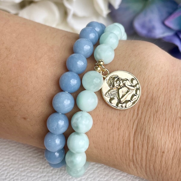 Cherub Angel Bracelet, Angelite, Calming, Soothing, Serenity, Pure Love, Innocence, Aquarius Birthstone