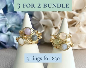 Crystal Rings Bundle, 3 for 2 Wire Wrapped Rings, Dainty Boho Rings, Gift for Her, 6mm Natural Gemstone Beads