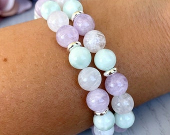 Angelite, Pietra di luna, Ametista lavanda, Bracciale elasticizzato calmante e lenitivo, Perline da 8 mm, Serenità, Nuovi inizi, Equilibrio