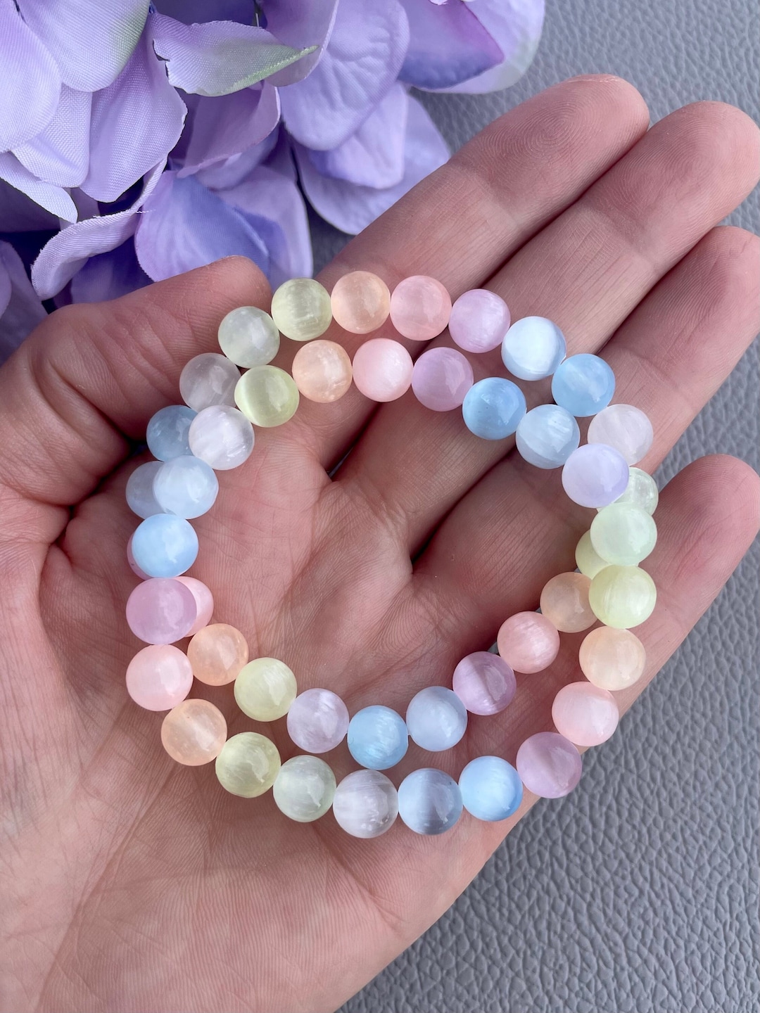 Pink Eye Cat Selenite Beaded Healing Reiki Balance Women Handmade Bracelet Gift