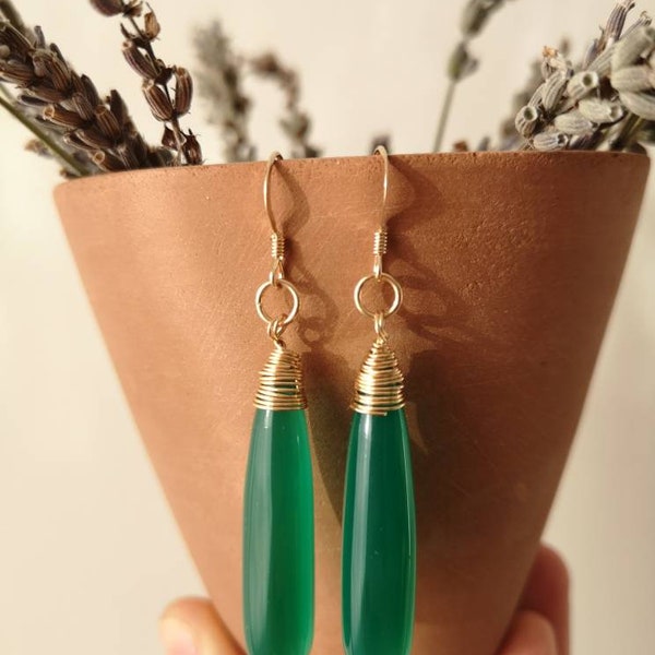 Boucles d'oreilles pierres gemmes calcédoine vert goutte d'eau émeraude Gold Filled 14K Faitmain facetté ou lisse