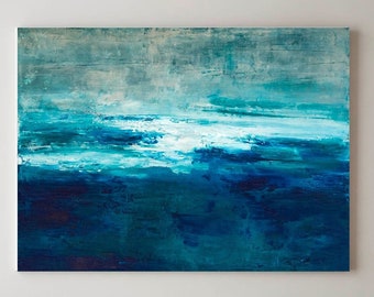 Abstract seascape, Blue silver abstract art, Abstract canvas art, Huge abstract seascape, Textured wall art