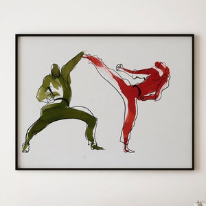 Acuarela de gran tamaño. Acuarela grande original. Acuarela de Karatekas. Acuarela de artes marciales. Acuarela en papel.Obra de arte única.
