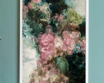 Abstract Floral Print, Green and Pink Rose Artwork (Fine Art Paper or Canvas)