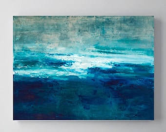 Large Abstract Ocean Painting, Blue Canvas Wall Art