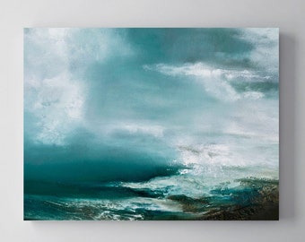 Emerald Blue Seascape Painting Print, Coastal Wall Art
