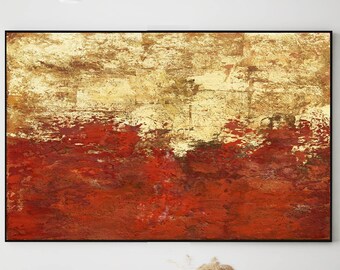 Arte de pared en pan de oro, Pintura abstracta en oro rojo, Pintura en pan de oro, Pintura dorada grande, Pintura abstracta dorada, Pintura en pan de oro,