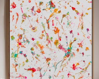 Dripping art, White and colorful abstract art, huge abstract art for modern living room, wall art modern, original abstract painting
