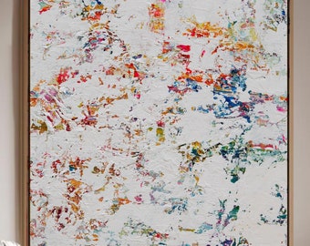 Textured Colorful Abstract Painting, White Brush Stroke Art