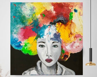 Pop Art Woman Painting, Colorful Portrait on Canvas, Modern Wall Art