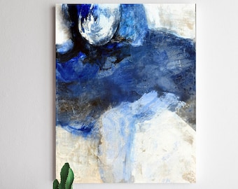 May include: A blue and white abstract painting hangs above a blue wooden console table with two shelves. The table is decorated with potted plants, a glass bottle, a metal pitcher, and a wooden sculpture.