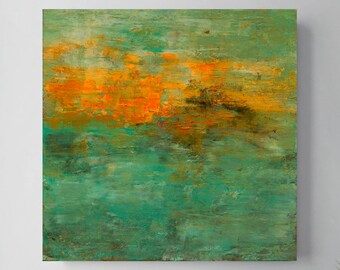 Textured Abstract Painting, Orange over Green, Minimalist Colorful Wall Art