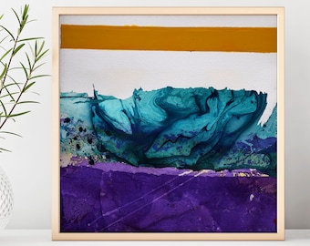 May include: Abstract painting in a wooden frame with a teal, blue, purple, and gold colour scheme. The painting is on a white background and has a textured surface.