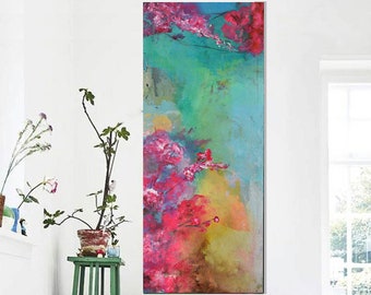 Abstract Floral Painting, Colorful Acrylic on Canvas, Summer Decor