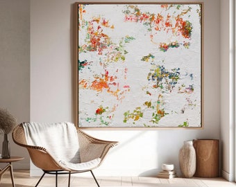 Textured Abstract Painting, White Art with Orange, Green, Blue Accents