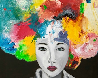 Colorful Woman Face Pop Art Print, Fine Art Paper or Canvas