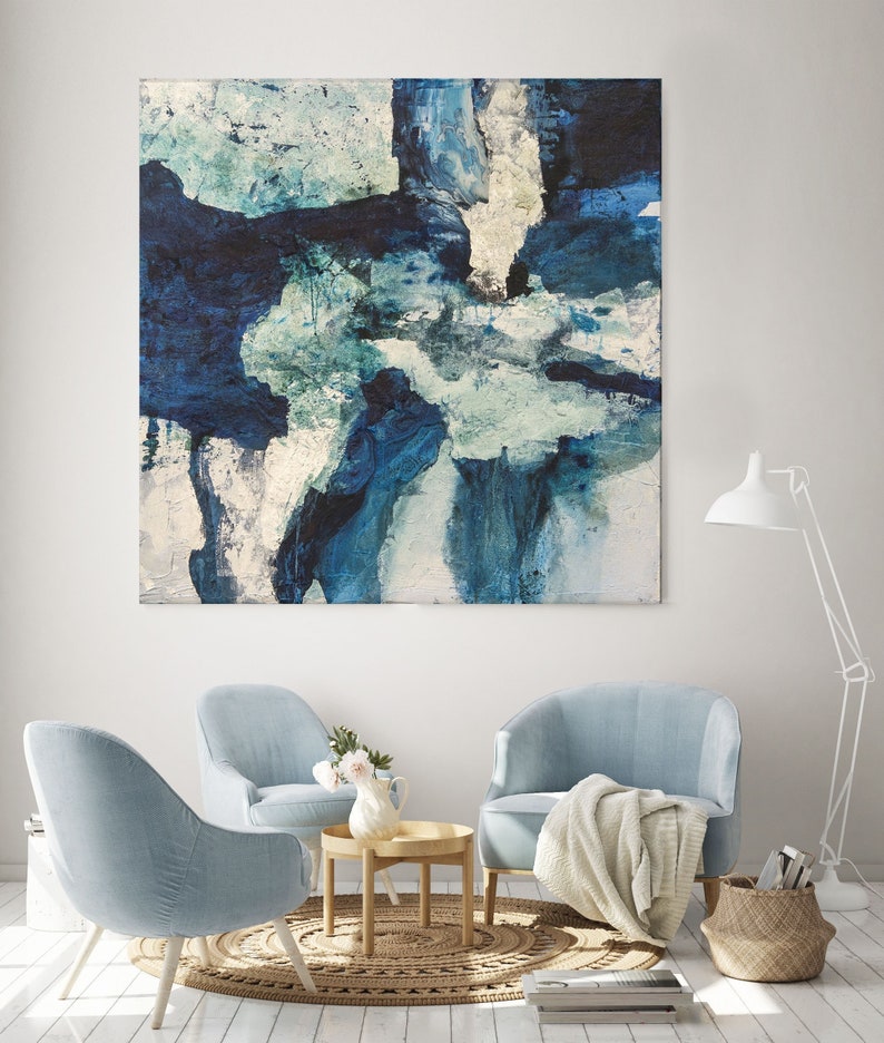 Navy Blue Abstract Art, Large Square Wall Art, Dark Blue Wall Art