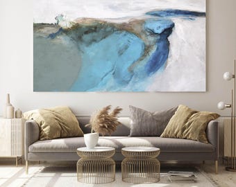 Turquoise Abstract Landscape Painting, Textured Panoramic Canvas Art