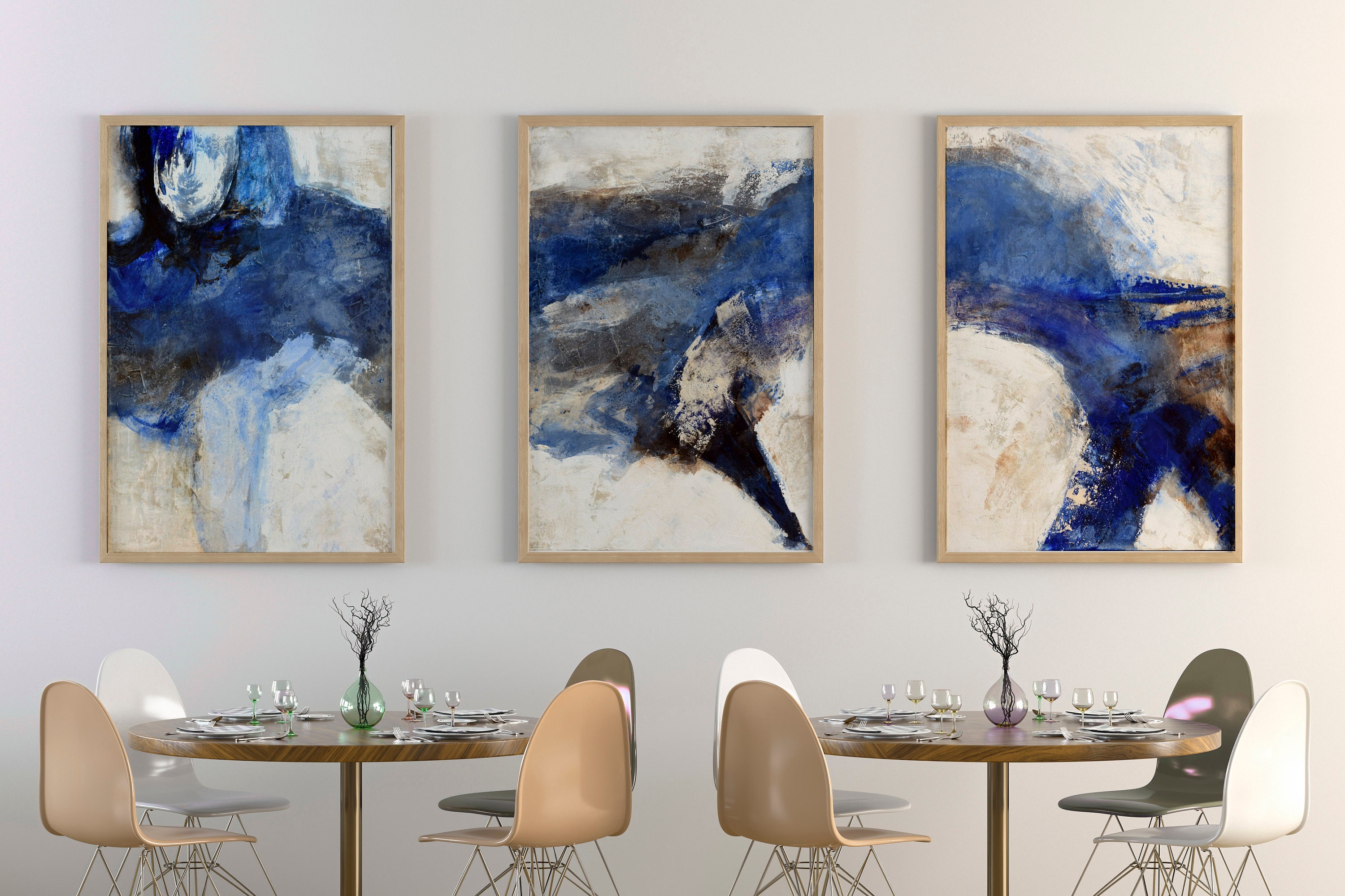  Pintura en lienzo de color azul y gris con estampado de cuadros  grandes, cuadro abstracto de pared para sala de estar, tableau mural, salón,  7.9 x 13.8 in, sin marco 