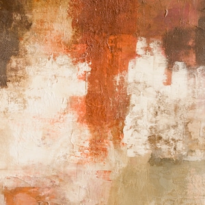 May include: Abstract painting with brown, orange, and white paint. The paint is applied in thick layers, creating a textured surface.