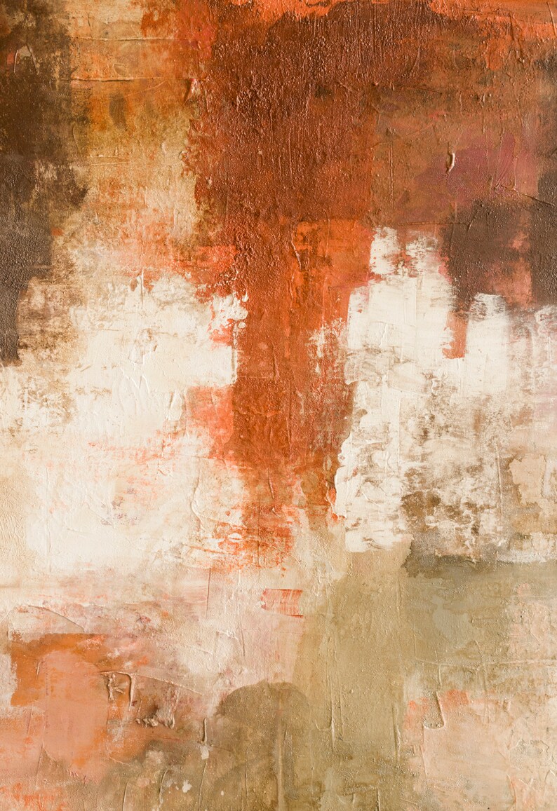 May include: Abstract painting with brown, orange, and white paint. The paint is applied in thick layers, creating a textured surface.