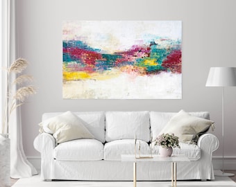 May include: Abstract painting with a white background and a horizontal band of colorful brushstrokes in shades of pink, red, blue, green, and yellow.