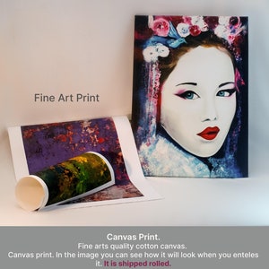 May include: Two different print options for artwork. A canvas print featuring a colorful portrait of a woman with flowers in her hair. A fine art print featuring a colorful abstract painting. The text "Canvas Print" and "Fine Art Print" is displayed on the image.