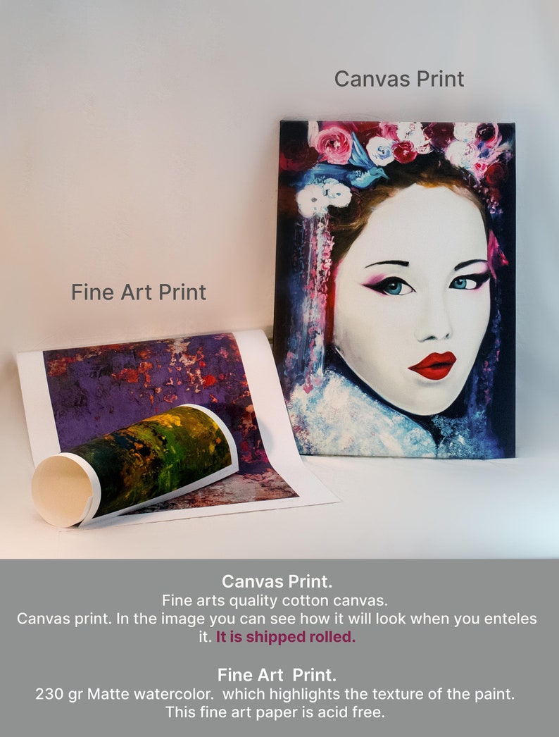May include: Two different print options for artwork. A canvas print featuring a colorful portrait of a woman with flowers in her hair. A fine art print featuring a colorful abstract painting. The text "Canvas Print" and "Fine Art Print" is displayed on the image.