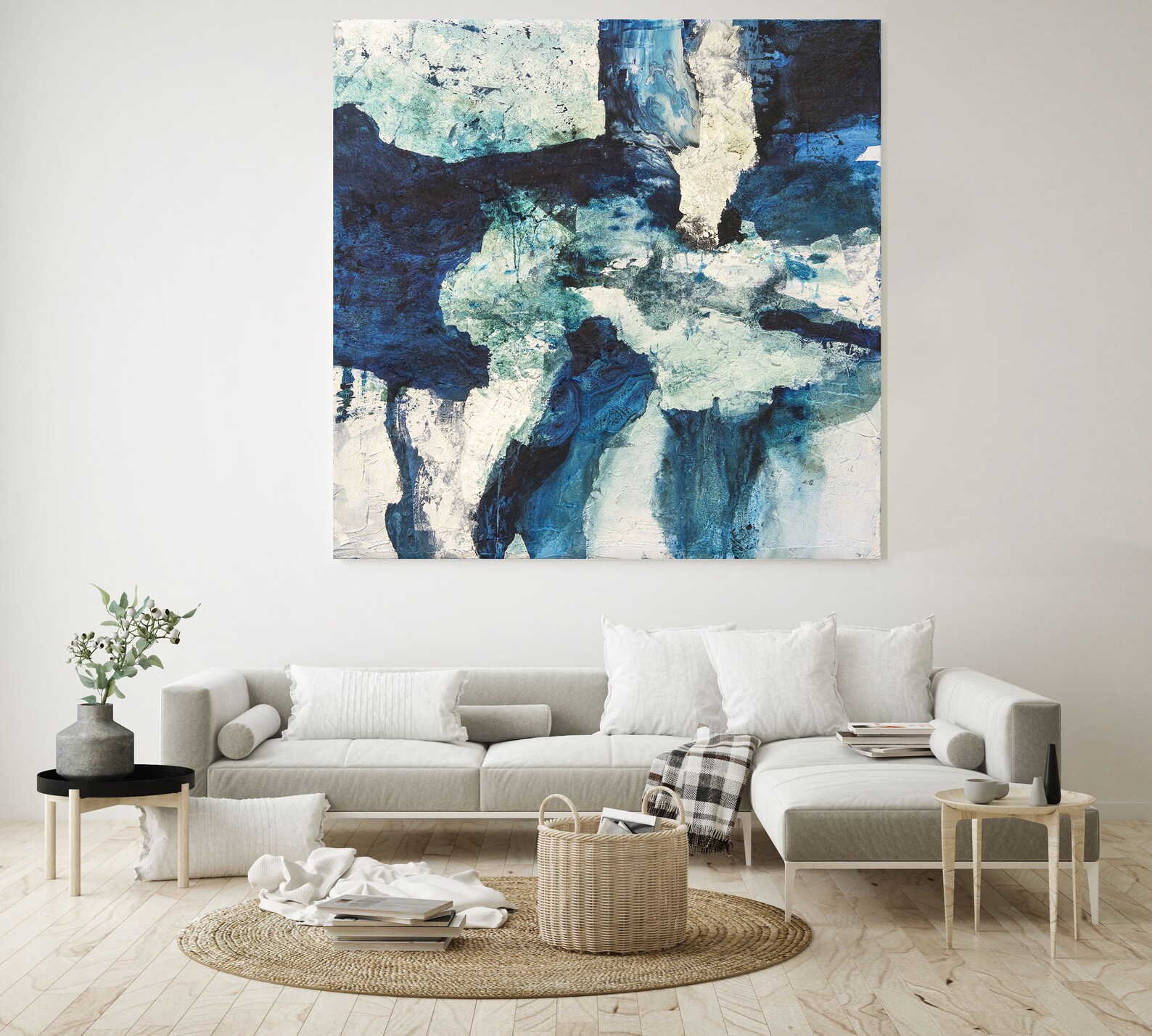 Navy Blue Abstract Art, Large Square Wall Art, Dark Blue Wall Art