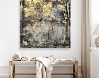 Abstract Gold and Black Acrylic Painting, Square Canvas Art