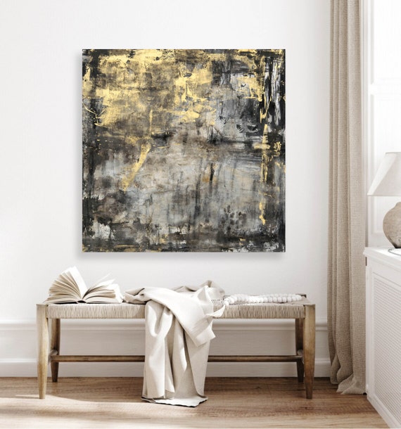 Yihui Arts Schwarz-weiß Leinwandbild – Handgemalt Mit Goldfolie & Schwebendem Rahmen