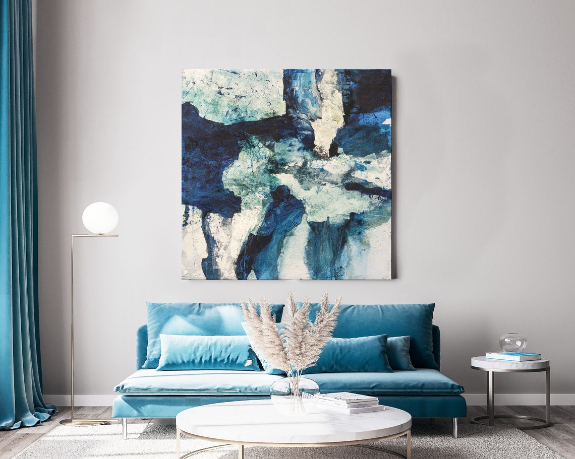 Navy Blue Abstract Art, Large Square Wall Art, Dark Blue Wall Art