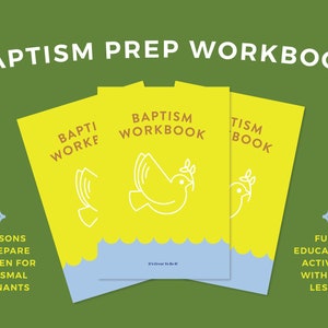 May include: Three yellow workbooks with blue water wave designs at the bottom. The center workbook has the title "Baptism Workbook" and a white dove with an olive branch in its beak. The left workbook has the title "Bapti Worke" and a white hand with raised fingers. The right workbook has the title "Tism Book" and a white dove with an olive branch in its beak. The text "It's Greater To Be In" is below the dove on the center workbook. The text "5 Lessons To Prepare Children For Baptismal Covenants" is below the left workbook. The text "Fun & Educational Activities With Each Lesson" is below the right workbook.