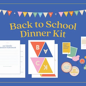 Terug naar school dinerpakket | Plaatskaarten, doel- en bevestigingskaarten, onderzetters, cupcaketoppers, missie, banner Terug naar school