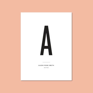 Personalized Birth Initial Letter Wall Art Poster – Modern Minimalist Children&#39;s Initial Letter Art, Editable Pdf, Name Art, Nursery Print