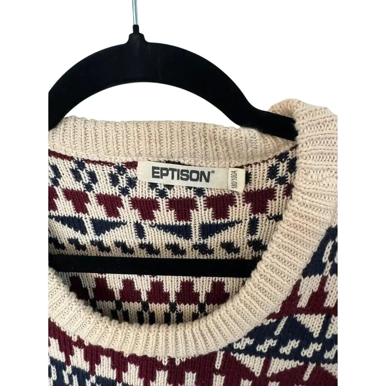Suéter unisex Eptison Vintage 100 % algodón Fair Isle de punto burdeos y crema, talla M imagen 2