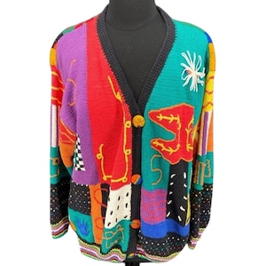 Vintage RARE Alfonso Pozo for Globetrotter Hand-Knit Art Cardigan – Colorful Patchwork – L/XL
