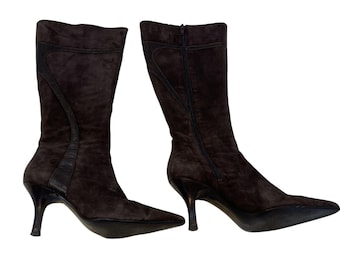 Carole Little Vintage Brown Suede Kitten Heel Mid Calf Boots Size 7.5