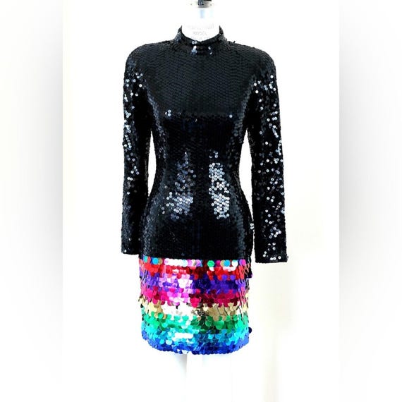 Vintage Niteline Della Roufogali Black Rainbow Sequin Dress
