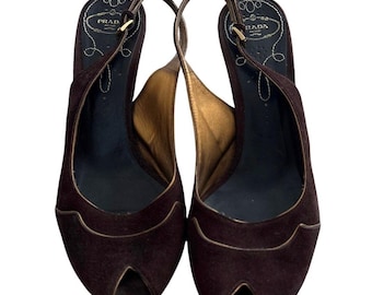 Vintage Prada Suede Slingback Peep Toe Heels 40.5 w/ COA