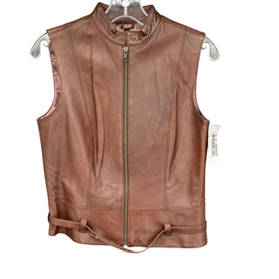 Women M Cabi Leather Vest Brown Zip Belted Equestrian Heritage