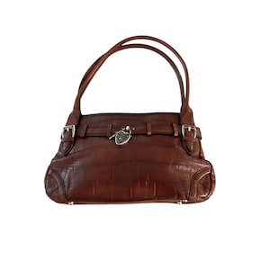 Vintage Brighton Brown Croc Embossed Leather Satchel Heart Lock Double Handle image 1